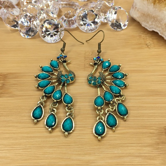 Teal Peacock Earrings - Picture 7 of 8